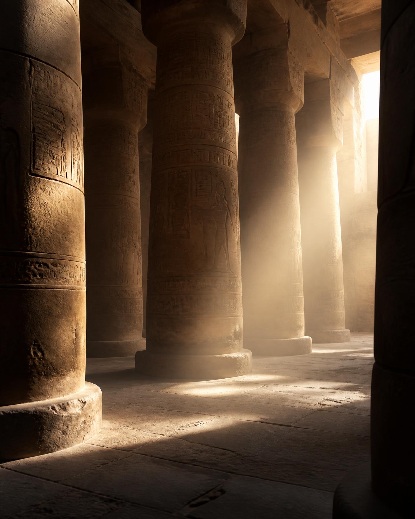 Warm shafts of light through hypostyle temple columns